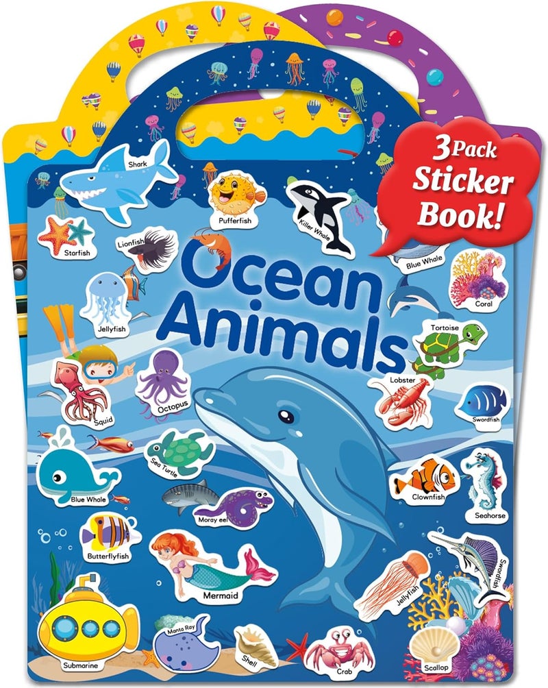 Benresive Reusable Sticker Books for Kids, Sticker Books for Toddlers, Toddler Travel Toys Activities Crafts Ages 3 and Up Birthday Gifts - Ocean Animals, Fairy and Vehicle - Image 1